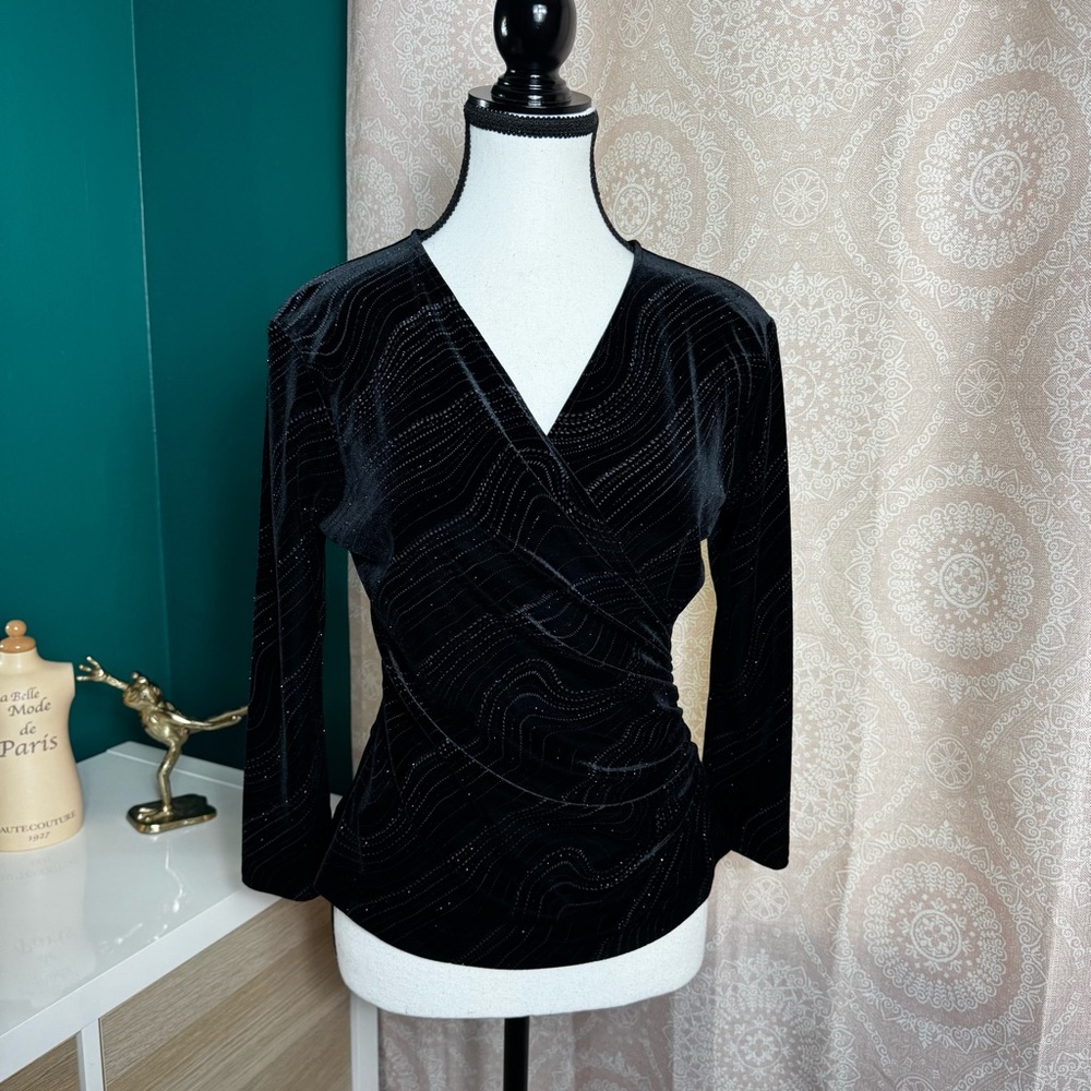 Whimsigoth Y2K Vintage 90s Velvet Glitter Metaphor Black Top 3/4 Sleeve Small